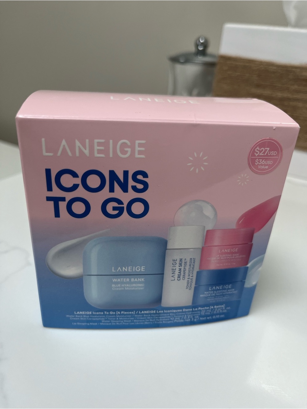 LANEIGE Icons To Go 4 Piece Set Lip Sleeping Mask Water Bank Cream New NIB